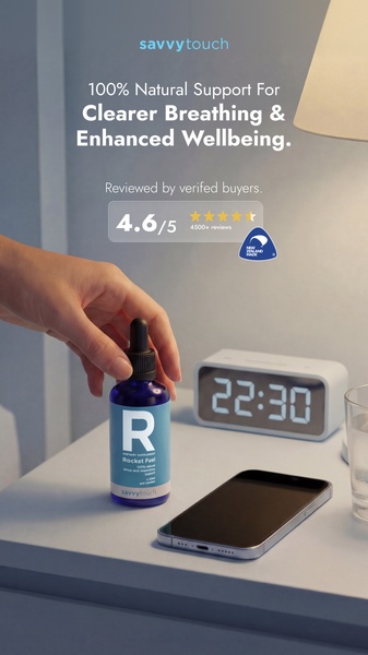 A 9:16 social proof creative featuring a respiratory supplement bottle on a nightstand, highlighting natural ingredients and a verified buyer star rating.